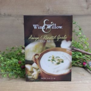 Asiago and Roasted Garlic Dip Mix, Wind and Willow dip mix box on a table