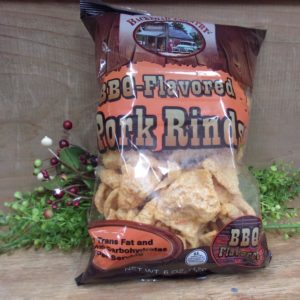 BBQ Flavored Pork Rinds, Backroad Country pork rinds bag on a table