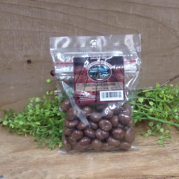 Chocolate Covered Raisins, Backroad Country raisins in a bag on a table