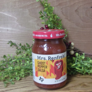 Ghost Pepper Salsa, Mrs. Renfro's salsa jar on a table