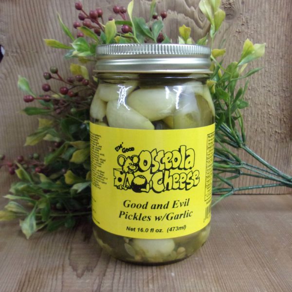 Good and Evil Pickles with Garlic, Osceola Cheese pickles jar on a table