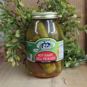 Hot Baby Dill PIckles, Amish Wedding  pickles jar on a table