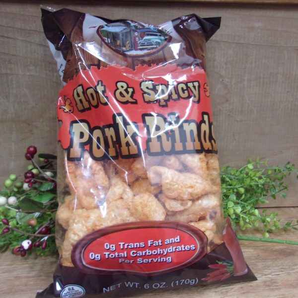 Hot N Spicy Pork Rinds, Backroad Country pork rinds bag on a table