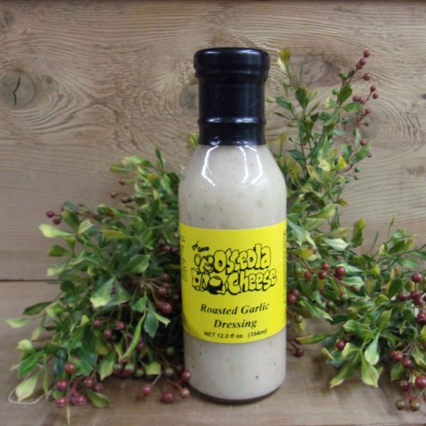 Roasted Garlic Dressing, Osceola Cheese dressing bottle on a table