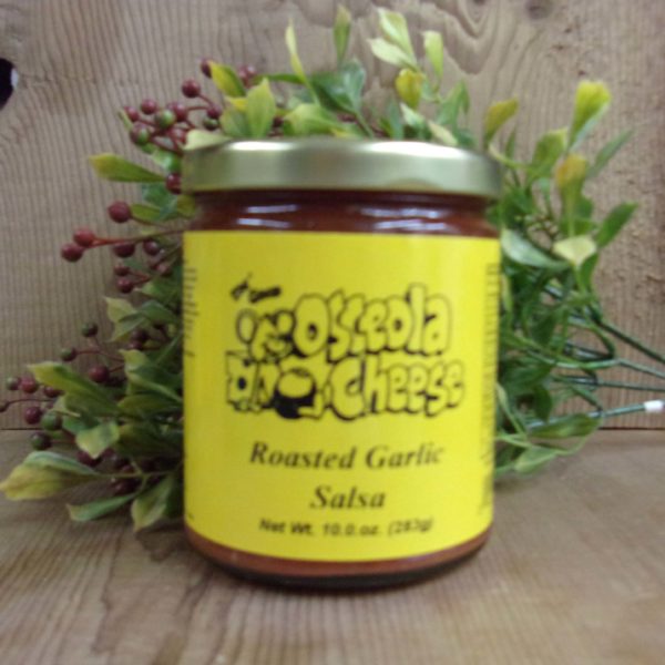 Roasted Garlic Salsa, Osceola Cheese salsa jar on a table