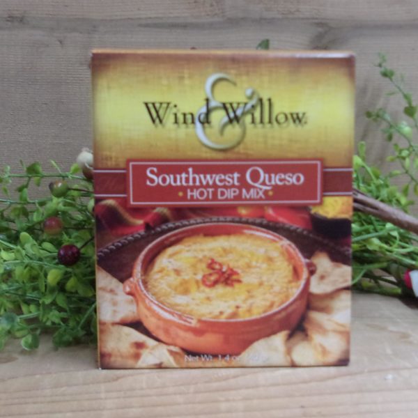 Southwest Queso Hot Dip Mix, Wind and Willow hot dip mix box on a table