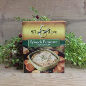 Spinach Parmesan Hot Dip Mix, Wind and Willow dip mix box on a table