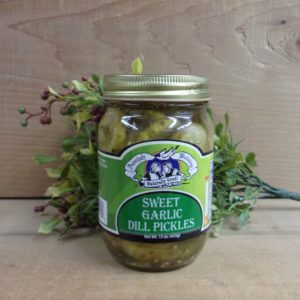 Sweet Garlic Dill Pickles, Amish Wedding pickles jar on a table