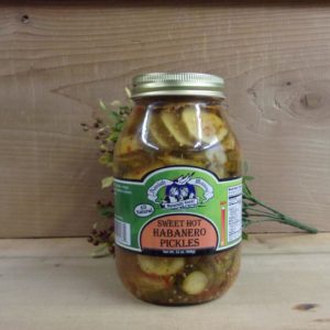 Sweet Hot Habanero Pickles, Amish Wedding pickles jar  on a table