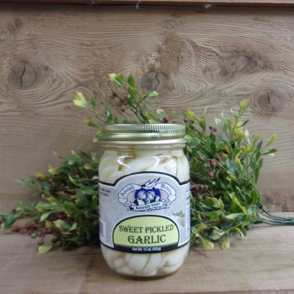 Sweet Pickled Garlic, Amish Wedding garlic jar on a table
