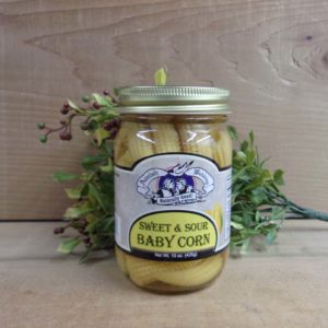 Sweet and Sour Baby Corn, Amish Wedding corn jar on a table