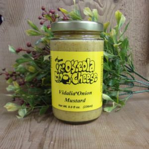 Vidalia Onion Mustard, Osceola Cheese jar mustard  bottle on a table