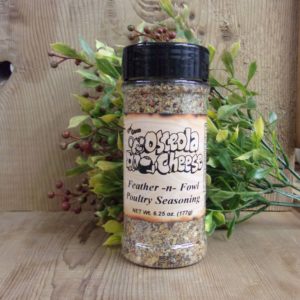 Feather-n-Fowl Poultry Seasoning, Osceola Cheese seasoning jar on a table