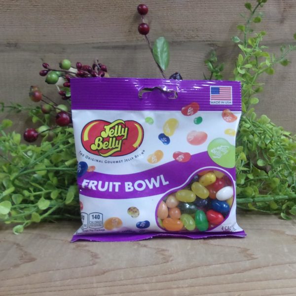 Fruit Bowl Jelly Beans, Jelly Belly bag on a table