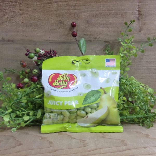 Juicy Pear Jelly Beans, Jelly Belly bag on a table