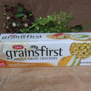 Dare Grains First Whole Grain Crackers box on a table