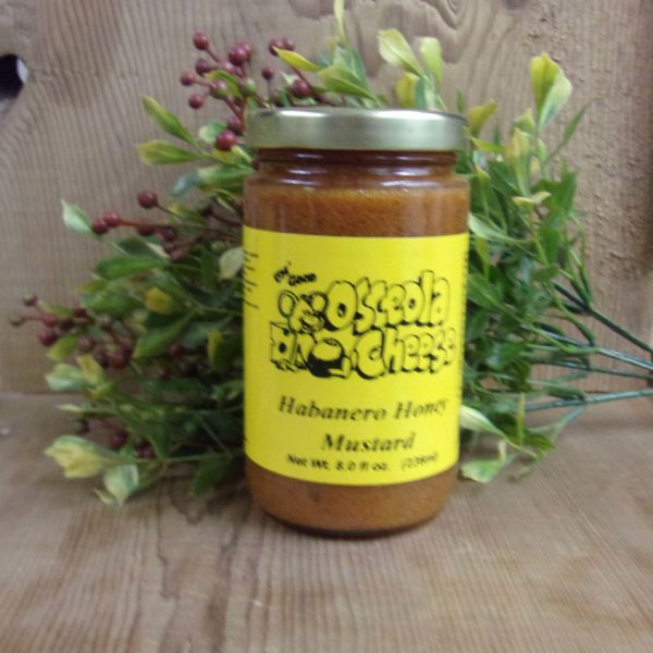 Habanero Honey Mustard, Osceola Cheese jar mustard  bottle on a table