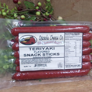 Teriyaki Flavored Snack Sticks, Osceola Cheese meat sticks on a table