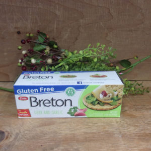Dare Breton Herb and Garlic Gluten Free Crackers box on a table