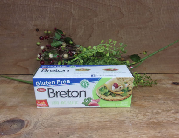 Dare Breton Herb and Garlic Gluten Free Crackers box on a table