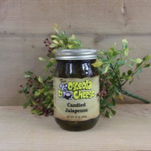 Candied Jalapenos, Osceola Cheese jalapenos  jar on a table