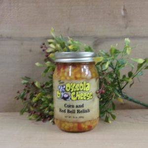 Corn and Red Bell Relish, Osceola Cheese relish jar on a table