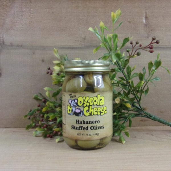 Habanero Stuffed Olives, Osceola Cheese olives jar on a table