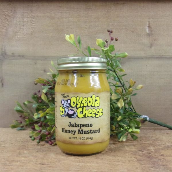Jalapeno Honey Mustard, Osceola Cheese mustard jar on a table