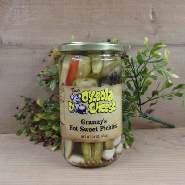 Granny's Hot Sweet Pickles, Osceola Cheese pickles jar on a table