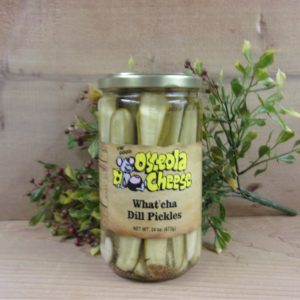 What'cha Dill Pickles, Osceola Cheese pickles jar on a table