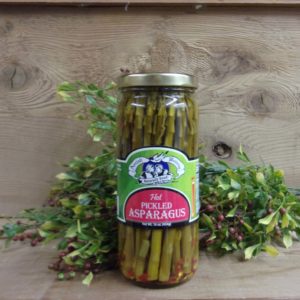 Hot PIckled Asparagus, Amish Wedding asparagus jar on a table