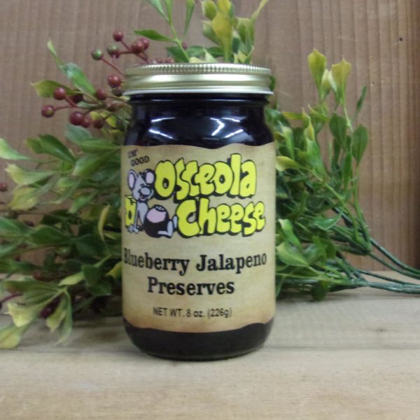 Blueberry Jalapeno Preserves, Osceola Cheese preserves jar on a table