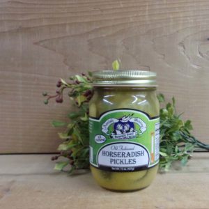 Horseradish Pickles, Amish Wedding pickles  jar on a table