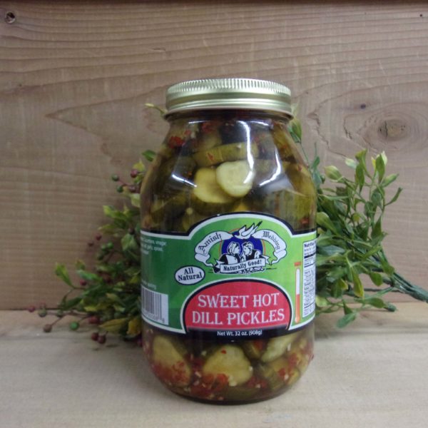 Sweet Hot Dill Pickles, Amish Wedding pickles jar  on a table