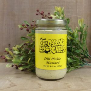 Dill Pickle Mustard, Osceola Cheese mustard jar on a table