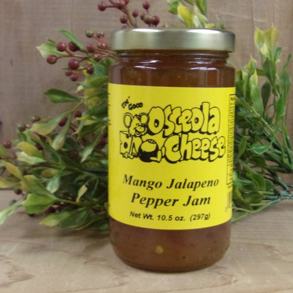 Mango Jalapeno Pepper Jam, Osceola Cheese jam jar on a table