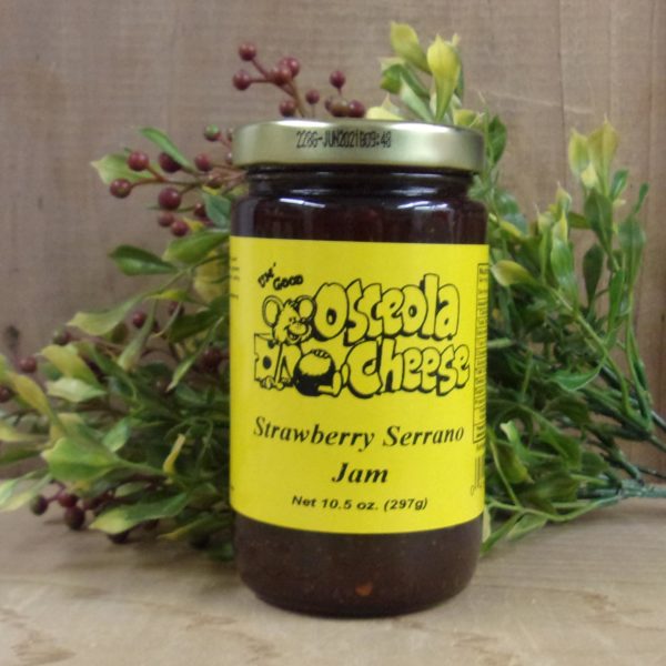 Strawberry Serrano Jam, Osceola Cheese jam jar on a table