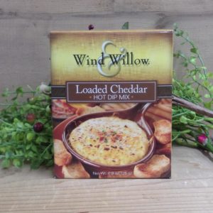 Loaded Cheddar Hot Dip Mix, Wind and Willow dip mix box on a table