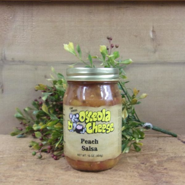 Peach Salsa, Osceola Cheese salsa jar on a table
