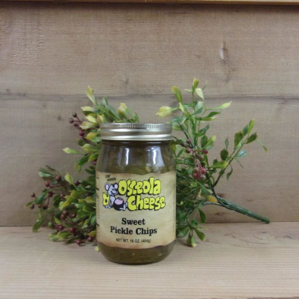 Sweet Pickle Chips, Osceola Cheese pickle chips jar on a table