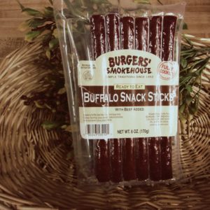 Buffalo Snack Sticks, Burger's Smokehouse meat sticks in a bowl on a table
