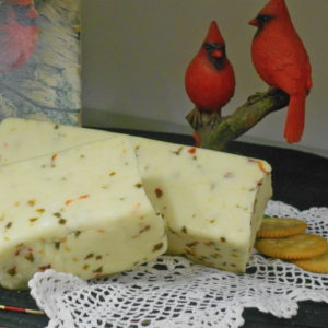 Hickory Smoked Hot Pepper Jack cheese blocks on a table