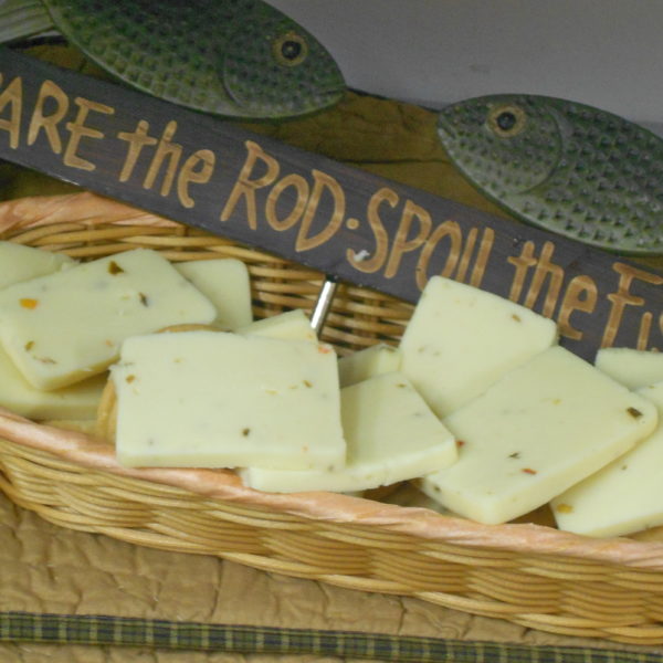 Hickory Smoked Jalalpeno cheese slices in a basket on a table