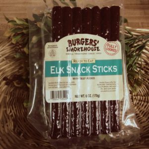 Elk Snack Sticks, Burgers Smokehouse meat sticks on a table